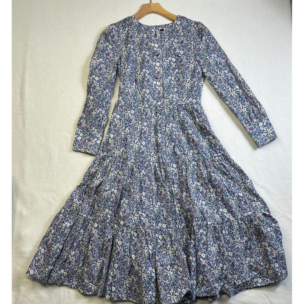 J.Crew Liberty Fabric Blue Floral Tiered Maxi Dress P0 Long Sleeve Cotton AK210
